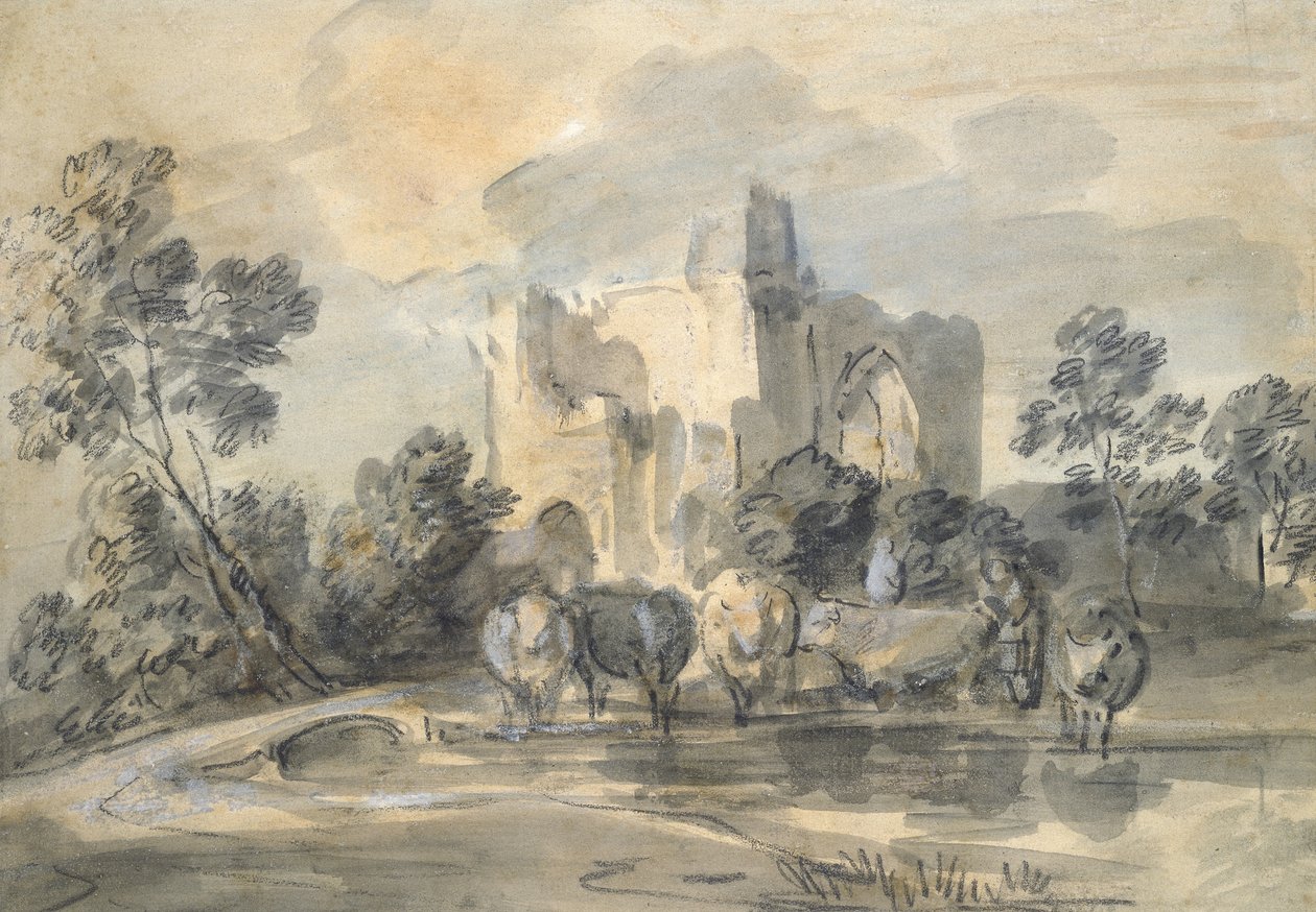 Paisagem com um castelo em ruínas e gado à beira de uma piscina (giz preto e aquarela, tamanho alto com branco, em papel pálido) de Thomas Gainsborough