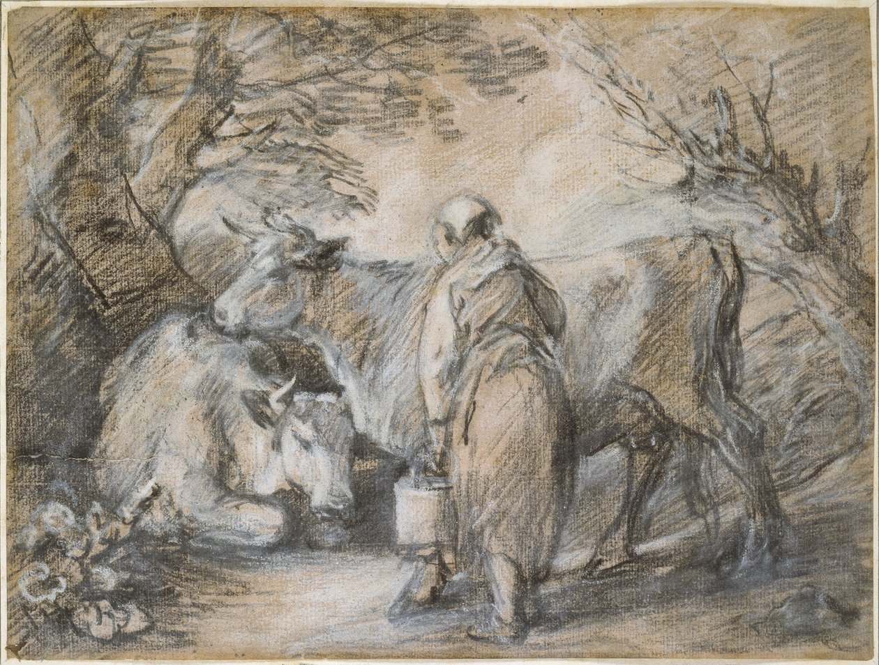 Leiteira com duas vacas (giz preto e toco elevado com branco, em papel grosso preparado com rosa) de Thomas Gainsborough