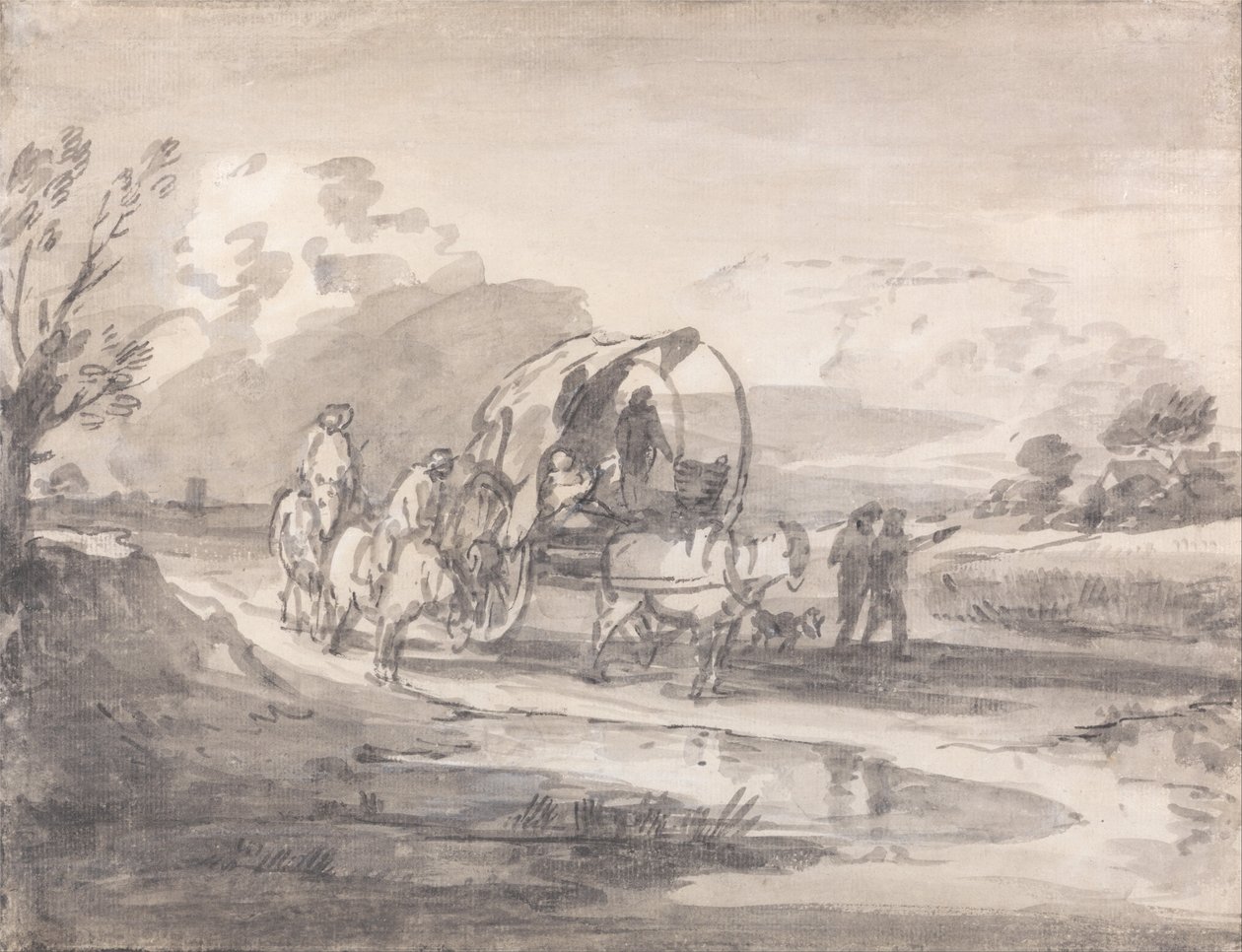 Paisagem aberta com cavaleiros e carrinho coberto de Thomas Gainsborough