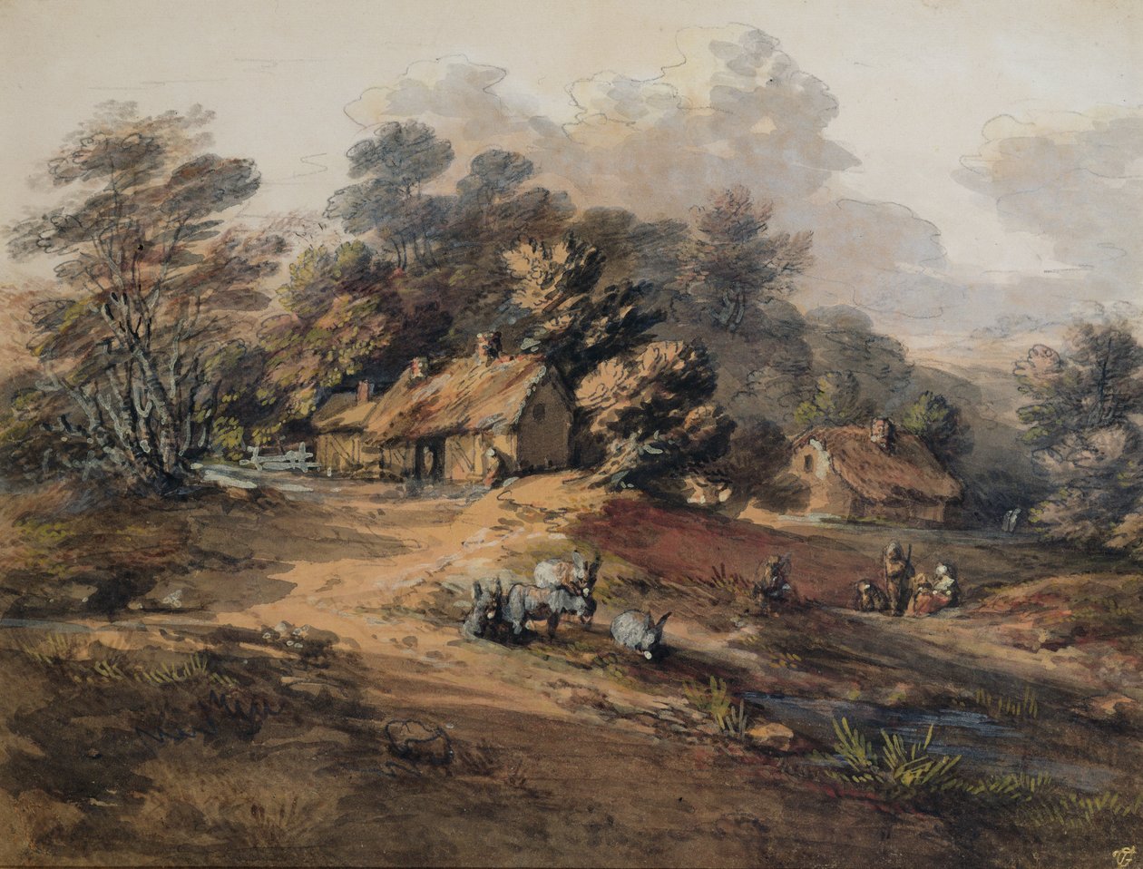 Camponeses e burros perto de casas na beira de uma floresta de Thomas Gainsborough