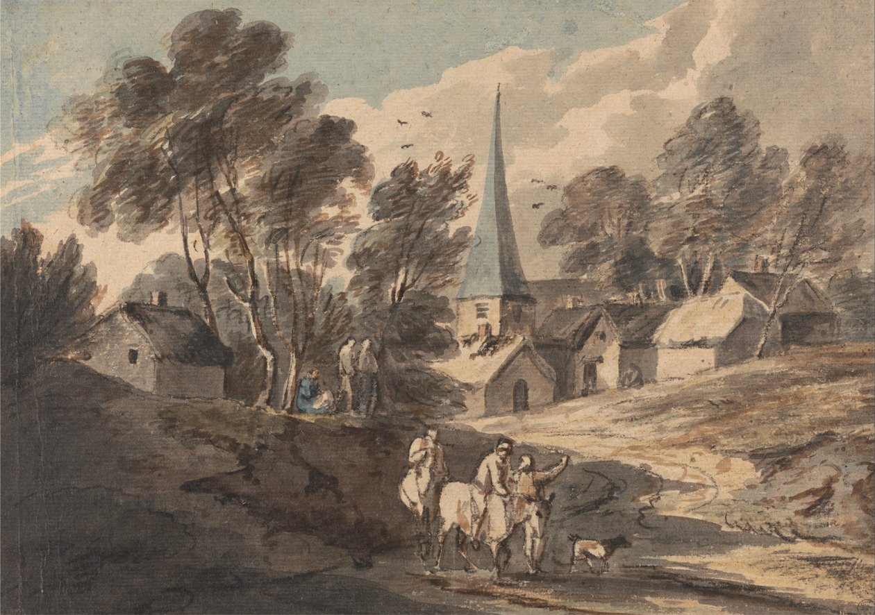 Viajantes a cavalo aproximando-se de uma aldeia com um pináculo de Thomas Gainsborough