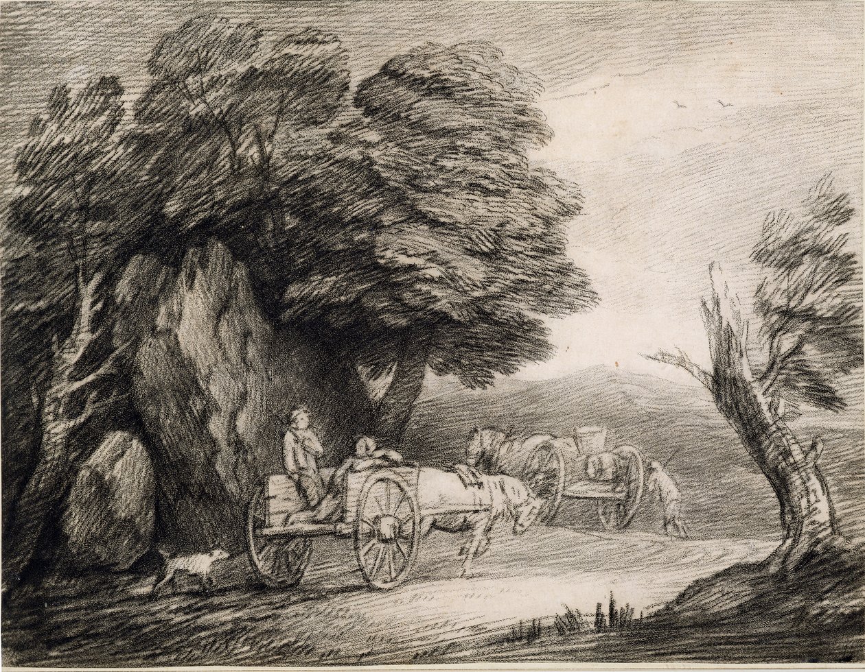 Paisagem arborizada com carrinhos e figuras (gravura em papel) de Thomas Gainsborough