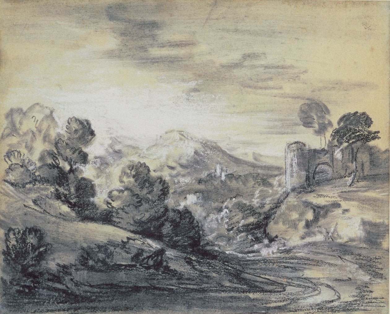 Paisagem arborizada com castelo, c.1785-88 (preto e branco giz sobre papel) de Thomas Gainsborough