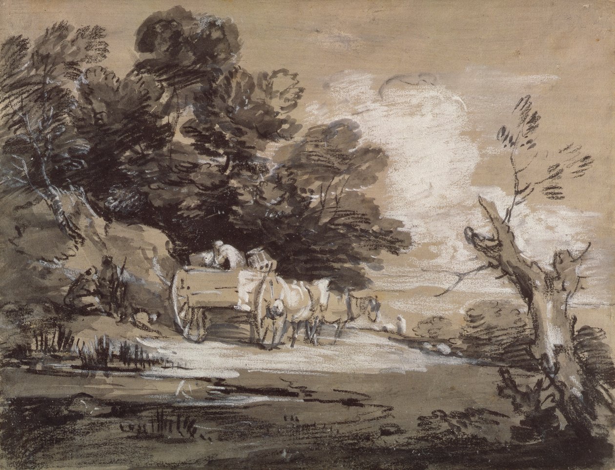 Paisagem arborizada com carroça e figuras campestres, c.1785-88 (giz preto e branco com tinta sobre papel) de Thomas Gainsborough