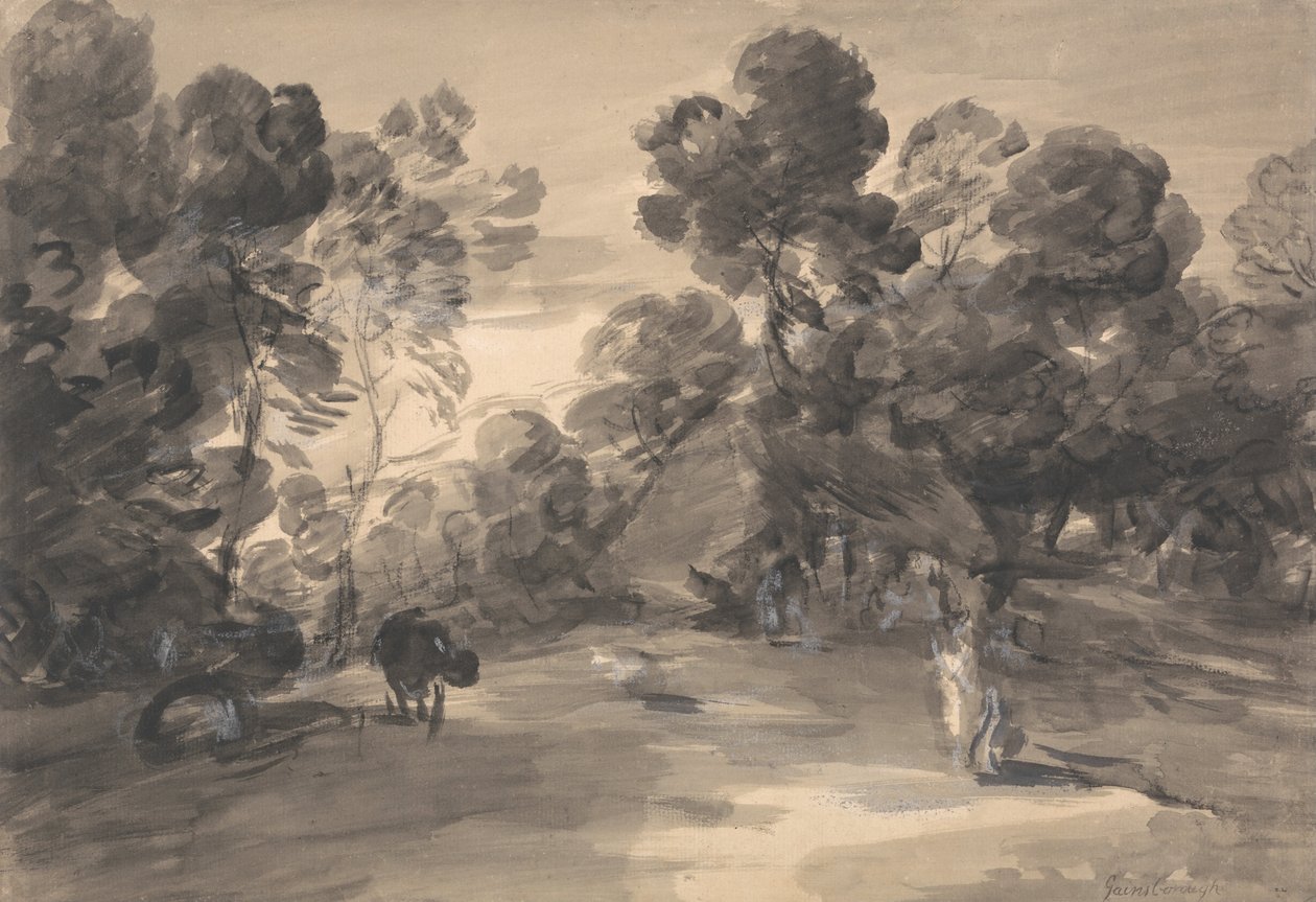 Paisagem arborizada com figuras, Cottage e vaca de Thomas Gainsborough