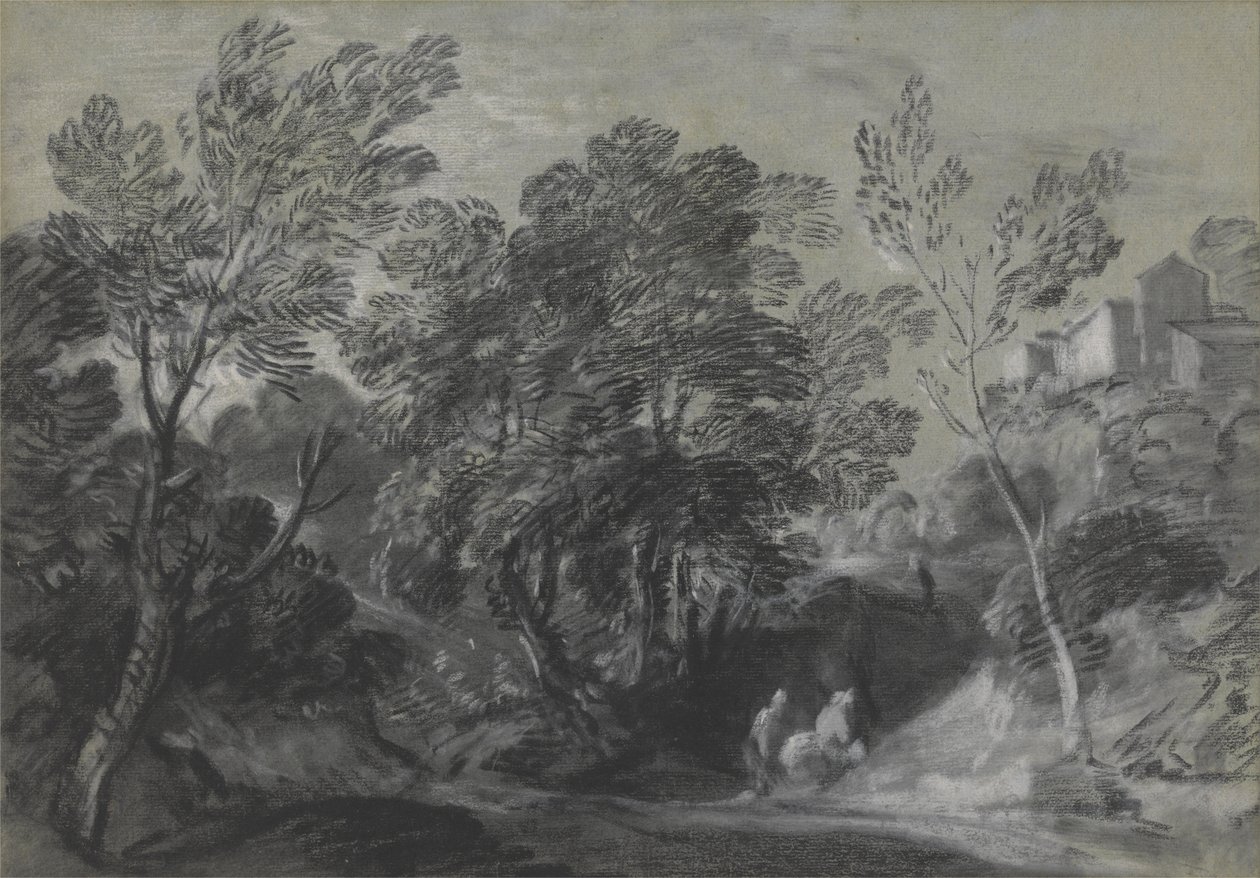 Paisagem arborizada com figuras e casas na colina de Thomas Gainsborough