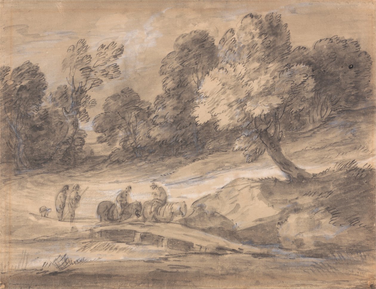 Paisagem arborizada com figuras a cavalo cruzando uma ponte de Thomas Gainsborough