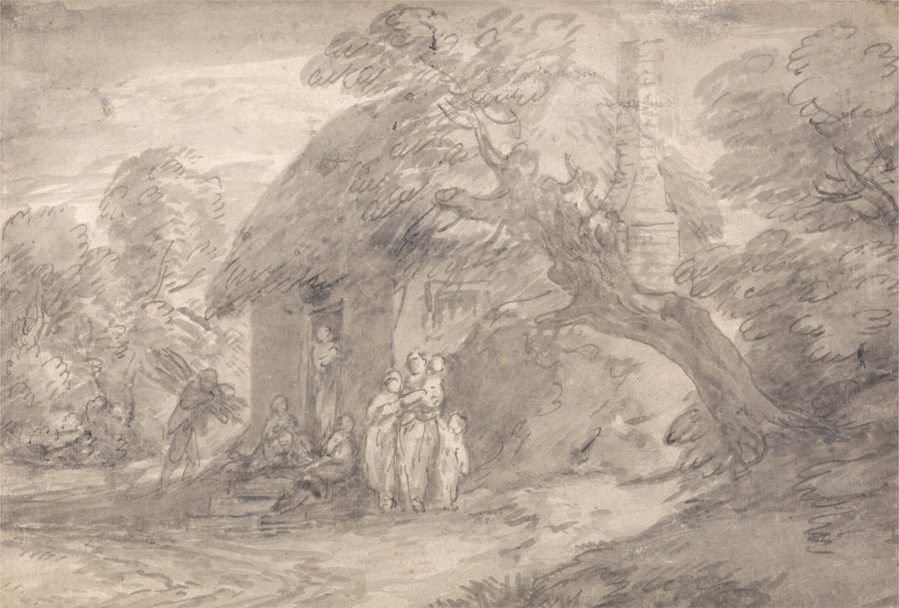 Paisagem arborizada com figuras fora de uma porta de Cottage de Thomas Gainsborough