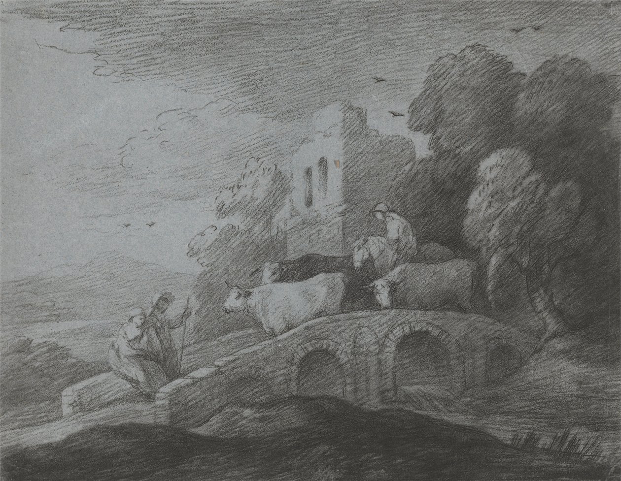 Paisagem arborizada com pastor dirigindo gado sobre uma ponte, amantes rústicos e castelo em ruínas de Thomas Gainsborough