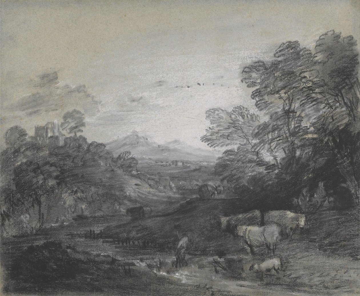 Paisagem arborizada com pastores e gado, edifícios em uma colina e amantes rústicos de Thomas Gainsborough