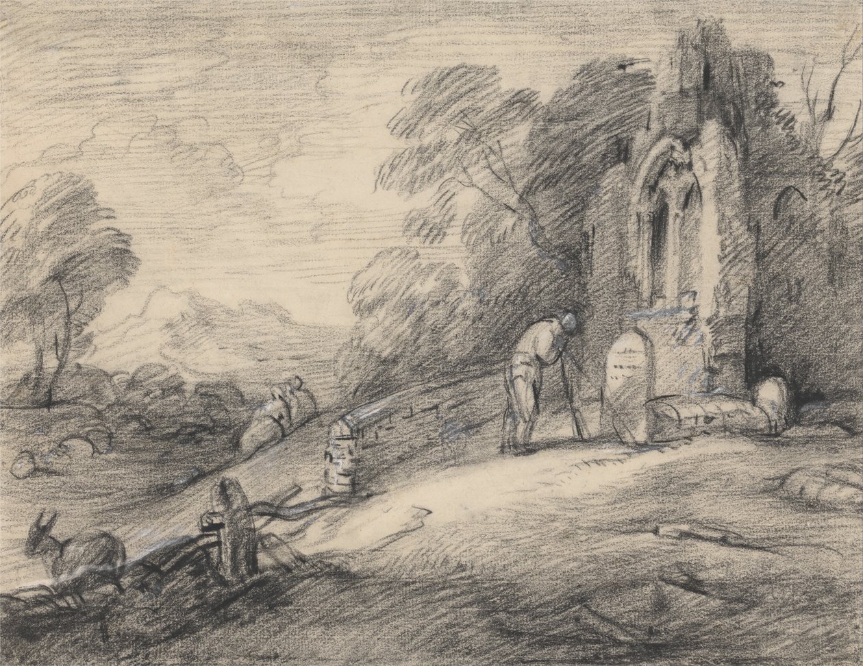 Paisagem arborizada com camponês lendo uma inscrição em uma lápide ao lado de uma igreja ... de Thomas Gainsborough