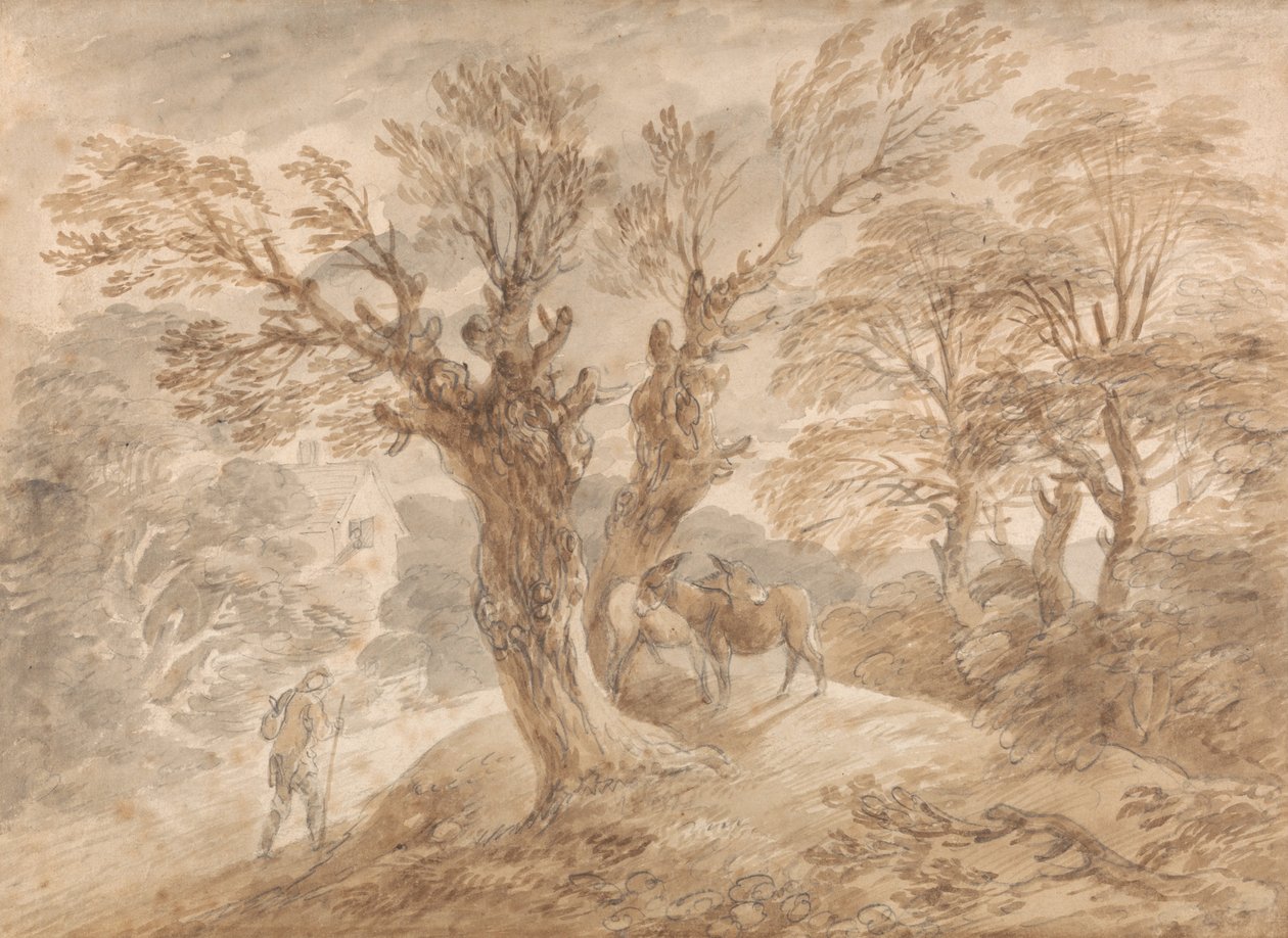 Paisagem arborizada com camponês e burros de Thomas Gainsborough