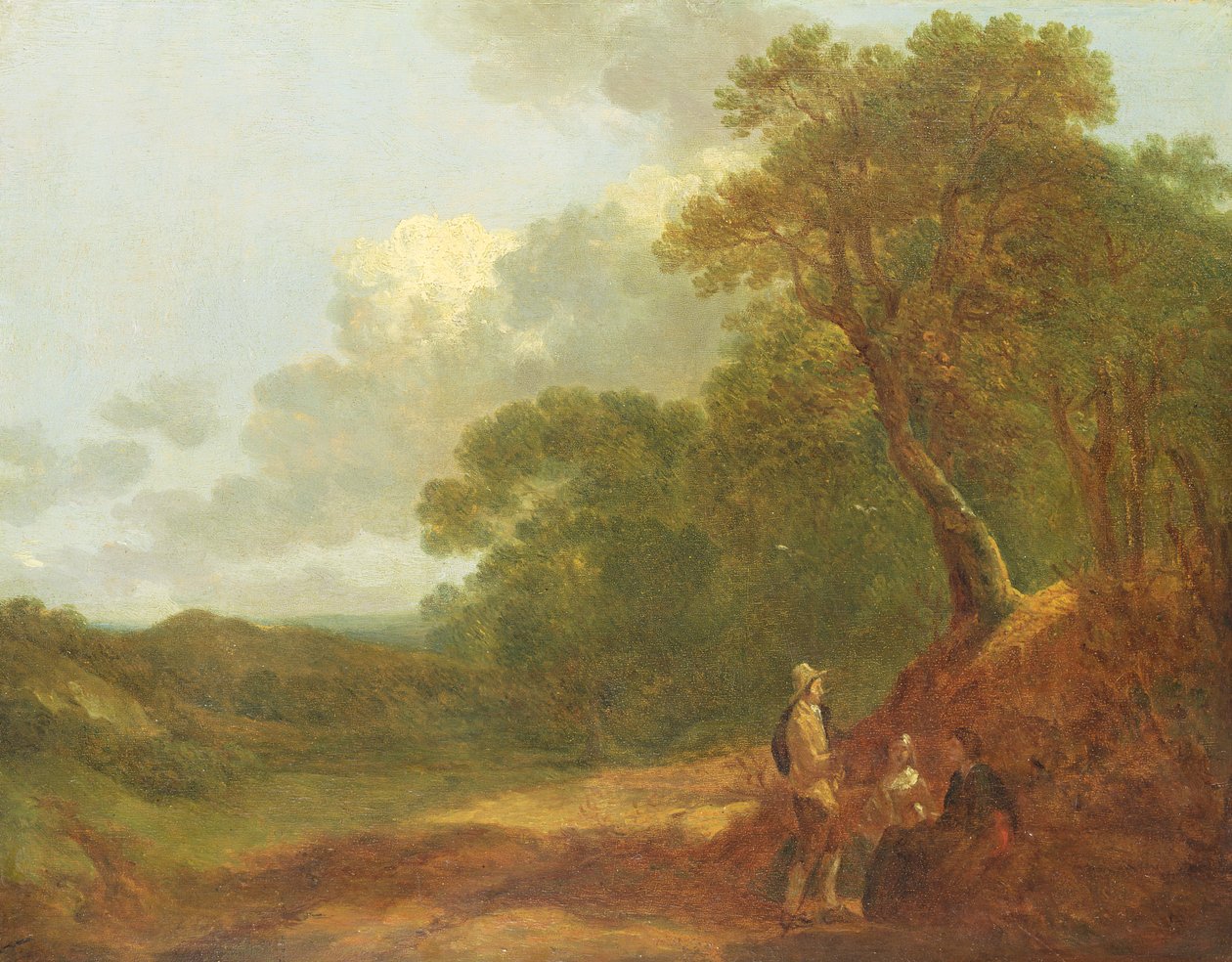 Paisagem arborizada com um homem falando com duas mulheres sentadas de Thomas Gainsborough