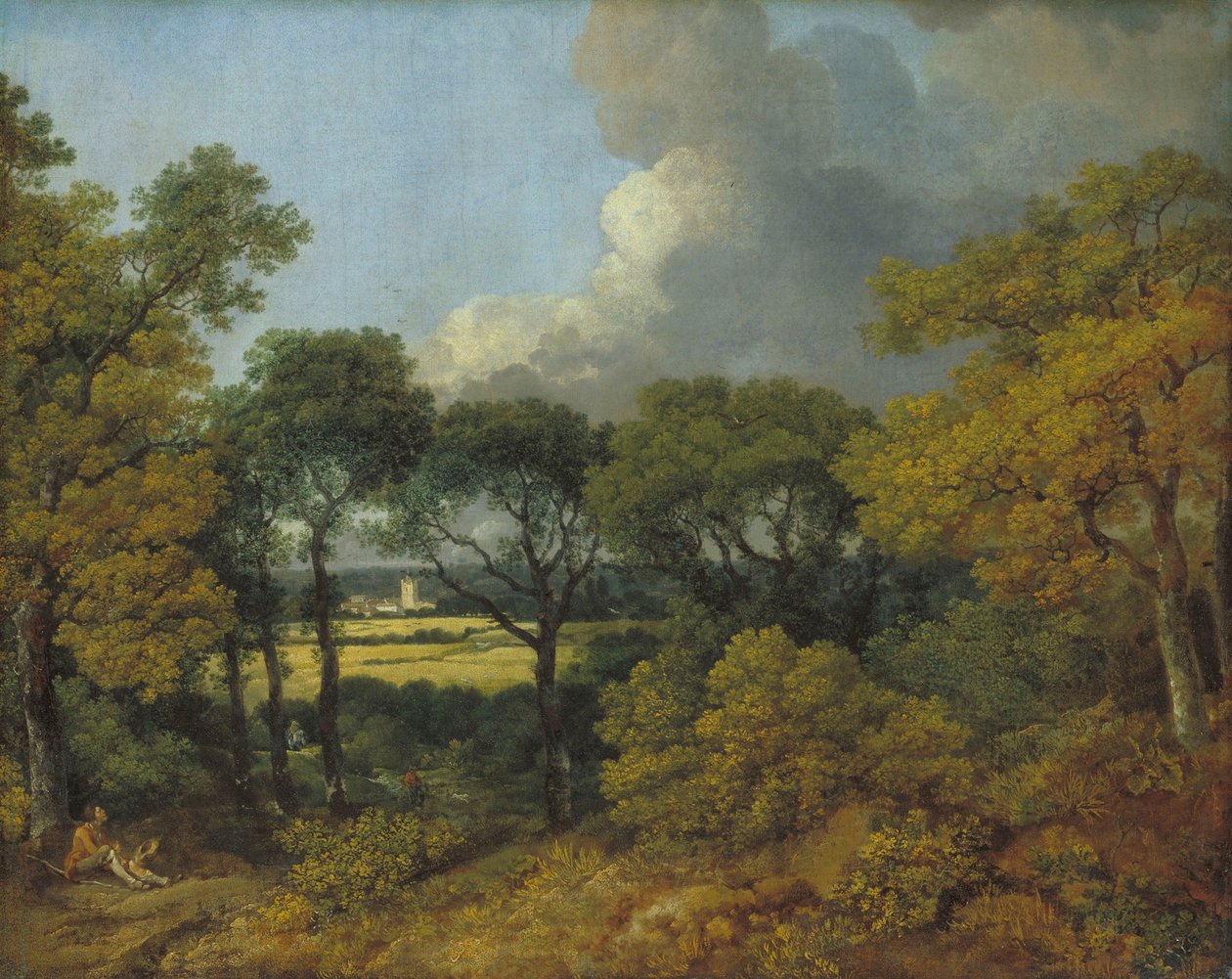 Paisagem arborizada com um camponês descansando de Thomas Gainsborough