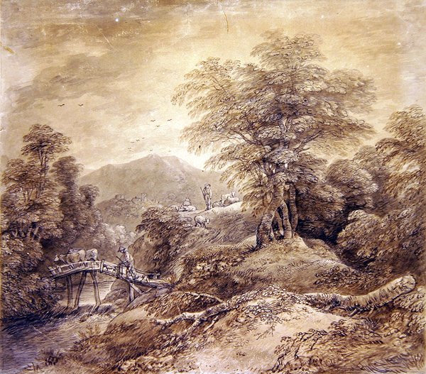 Paisagem montanhosa arborizada Herdsman & Cows Crossing, 1759 (caneta, tinta e wc no papel) (ver também 352793) de Thomas Gainsborough