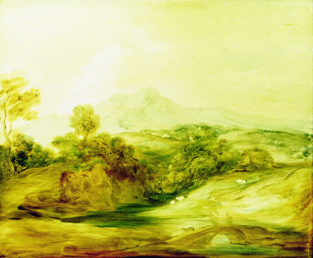 Paisagem de rio arborizada com figuras em uma ponte, c.1783-4 (pintura em vidro) de Thomas Gainsborough