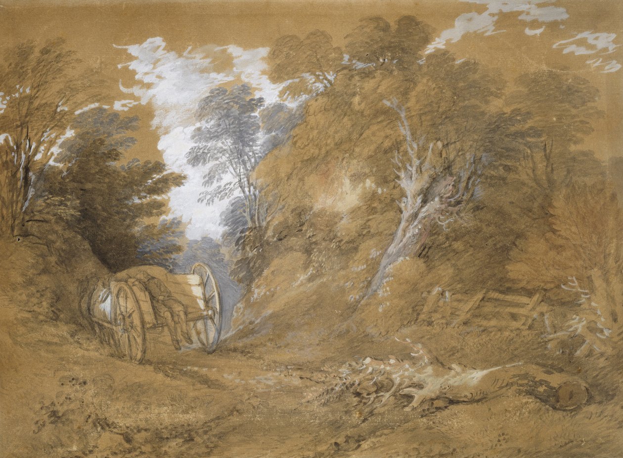 Paisagem arborizada com um camponês dormindo em um carrinho (aquarela e bodycolour sobre indicações fracos em grafite em papel pardo) de Thomas Gainsborough