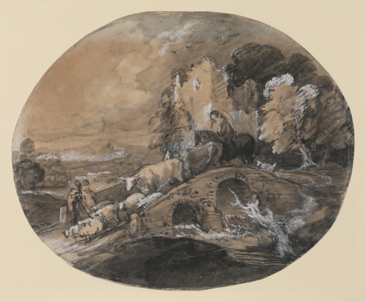 Paisagem arborizada com pastor dirigindo gado sobre uma ponte, camponeses e um castelo em ruínas, 1781 (lavagem de tinta preta, giz preto aumentado com branco sobre papel) de Thomas Gainsborough
