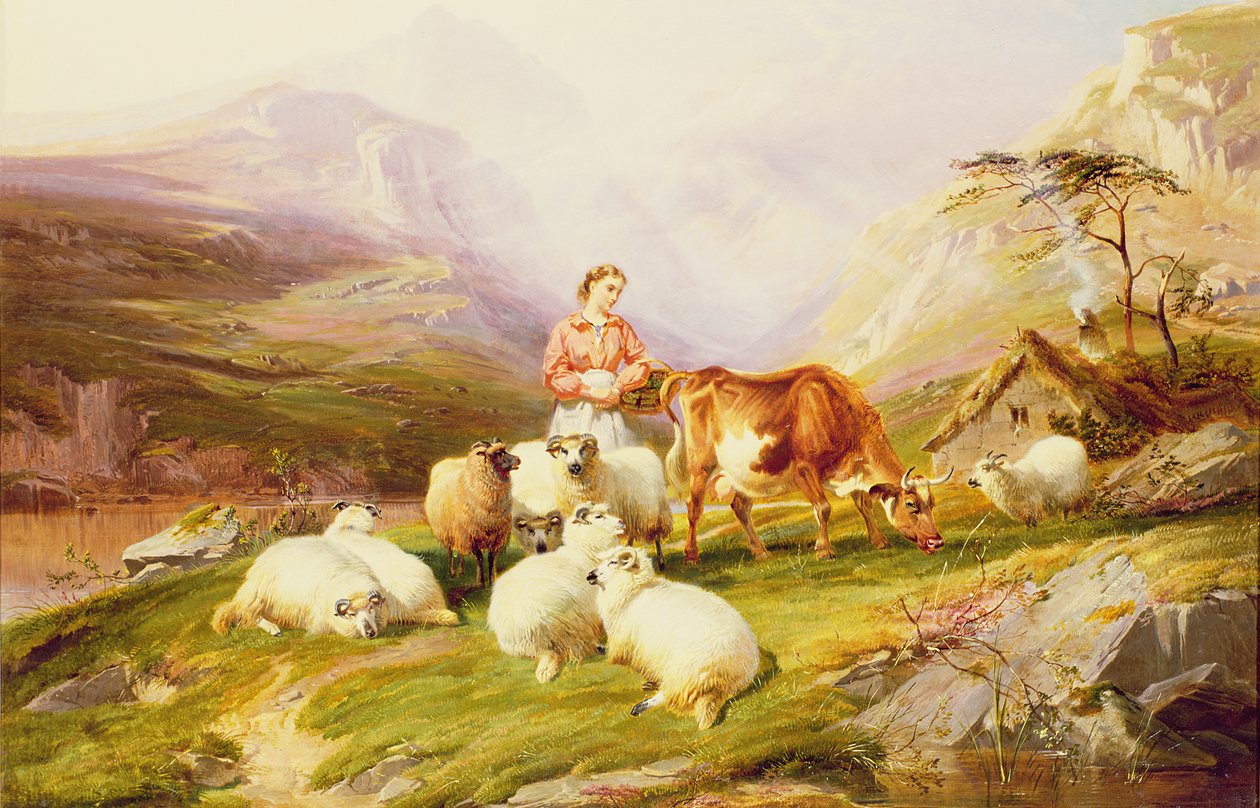 Vaca e ovelha em um pasto de montanha de Thomas George Cooper