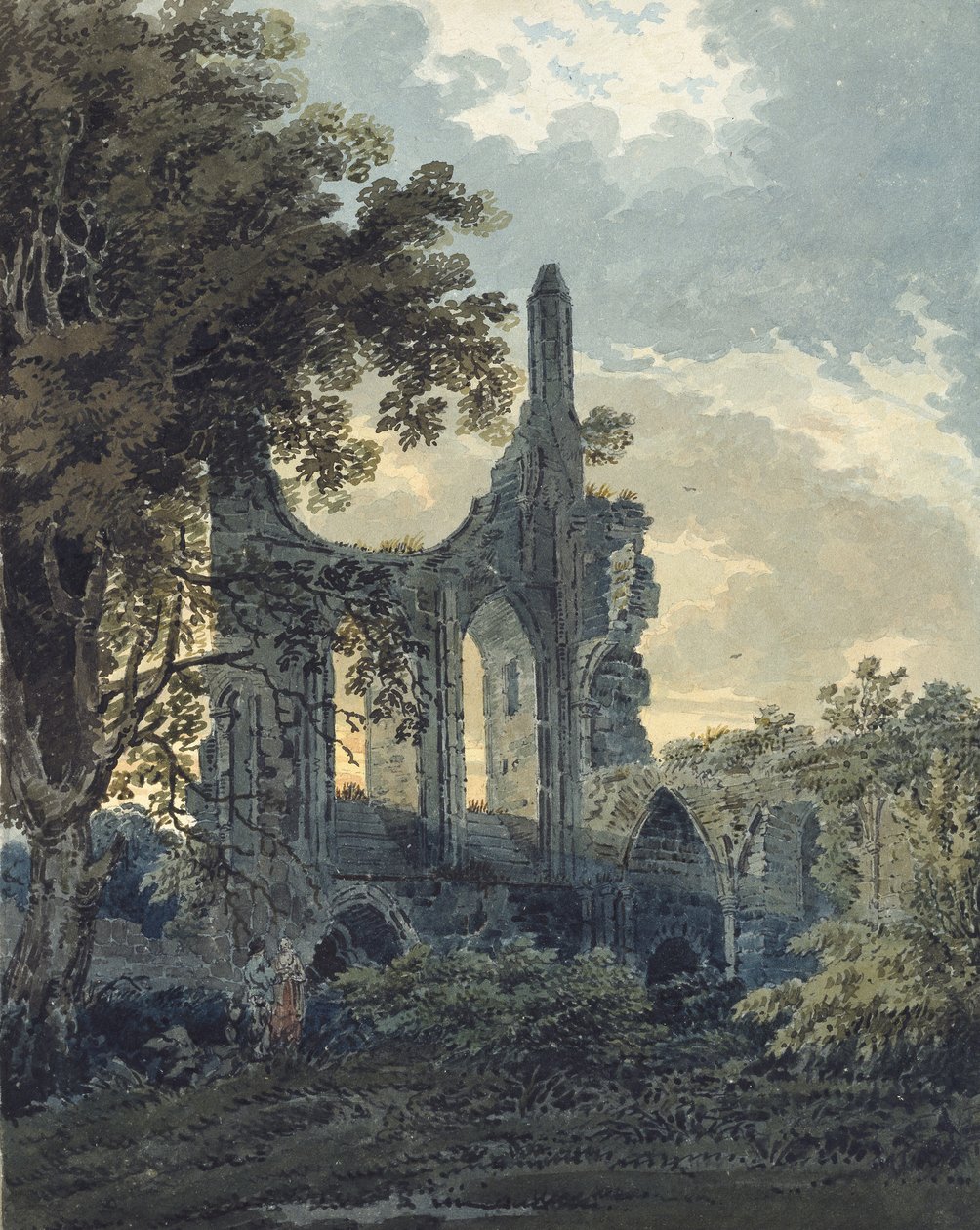 Byland Abbey, Yorkshire, c.1793 (aquarela tocada com tinta preta sobre indicações em grafite) de Thomas Girtin