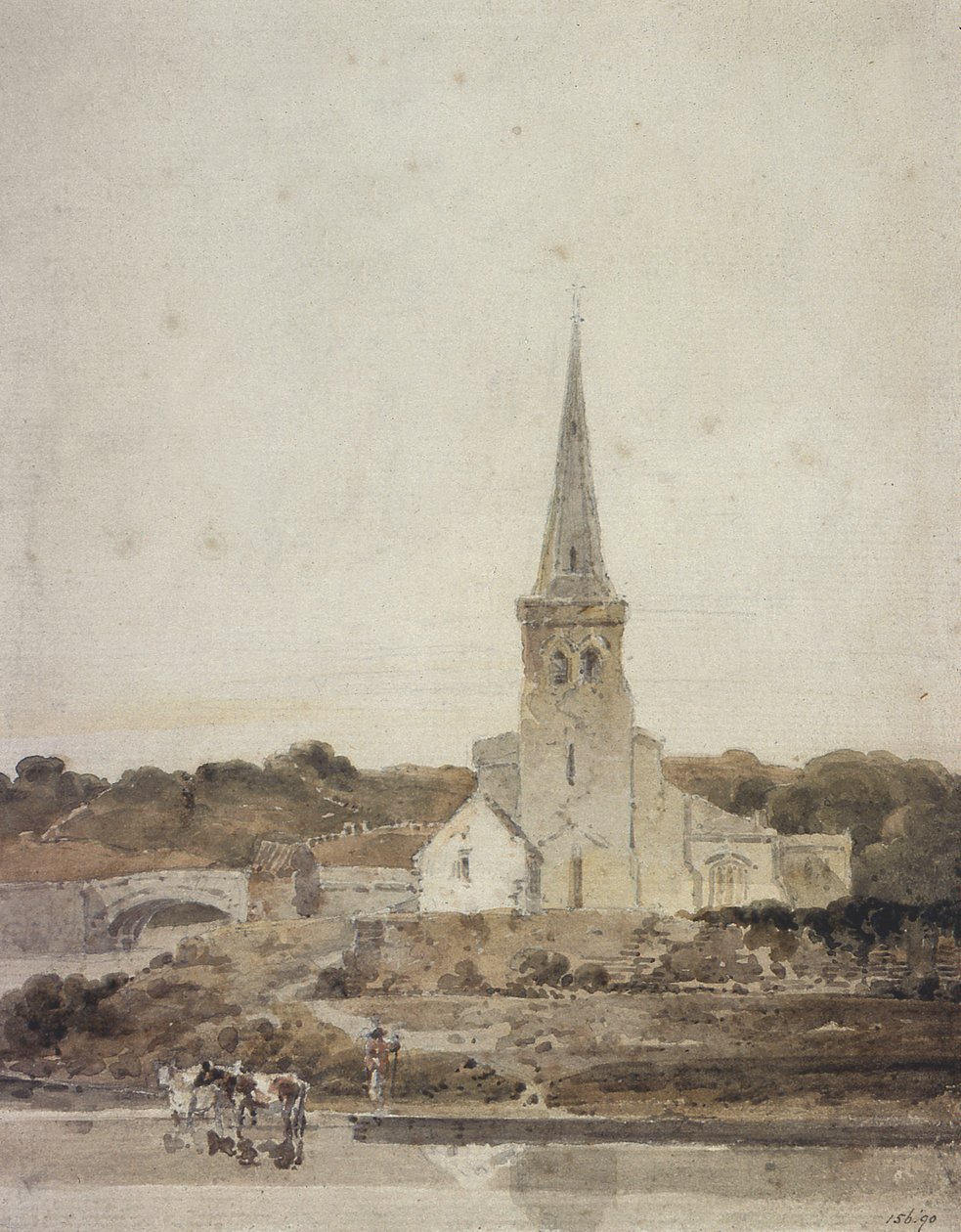 Paisagem com uma igreja ao lado de um rio (wc) de Thomas Girtin
