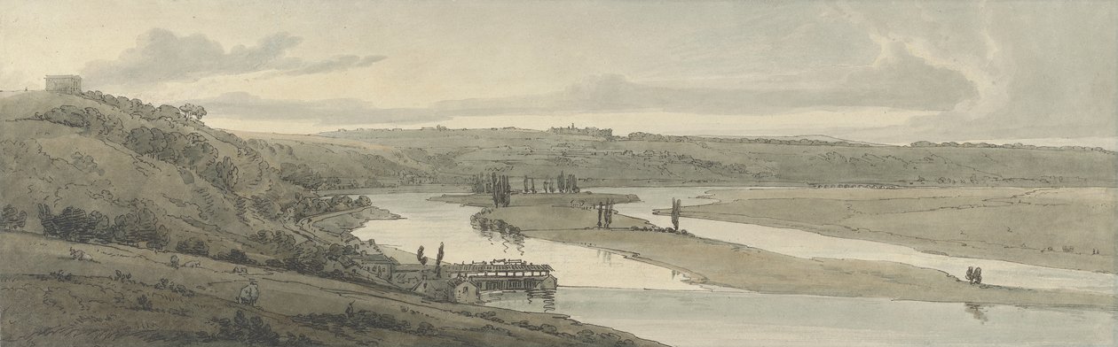 O Waterworks em Marli e St. Germain-en-Laye visto à distância, 1802 (gravura à mão colorida) de Thomas Girtin