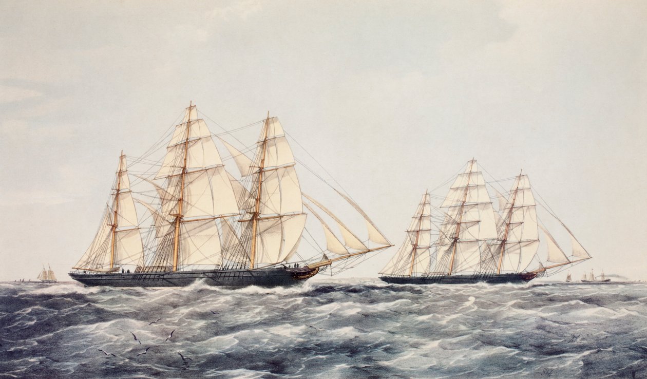 Os aparadores de chá Taeping (à esquerda) e Ariel (à direita) na Grande Corrida do Chá de 1866, da China a Londres de Thomas Goldsworth Dutton