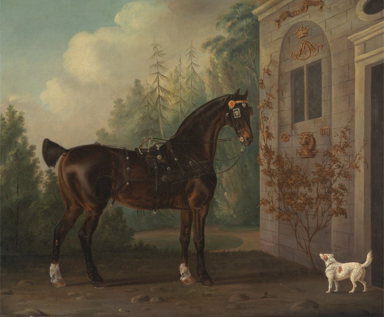 Senhor Abergavennys Dark Bay carruagem cavalo com um terrier de Thomas Gooch