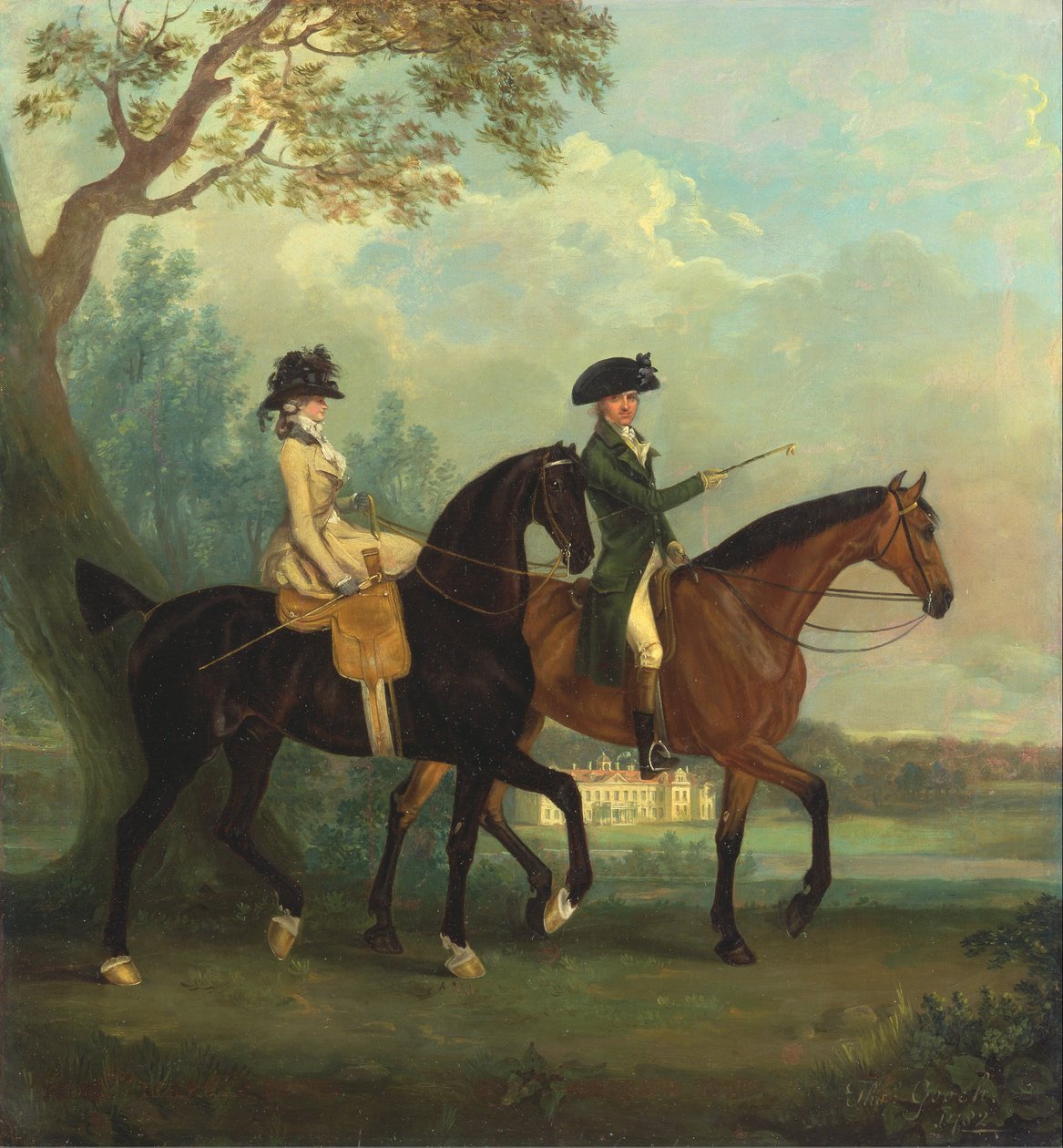 Marcia Pitt e seu irmão George Pitt, depois 2º Barão Rios, cavalgando no parque em Stratfield Sa ... de Thomas Gooch