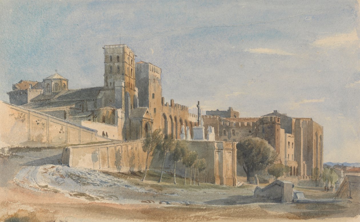 A Catedral e o Palácio dos Papas, Avignon, 1836 (wc com arranhar sobre lápis sobre papel) de Thomas Hartley Cromek
