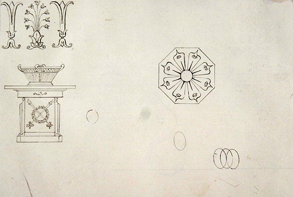Design para decoração de trabalho moldado, a partir de desenhos de caneta Vinte e um de Detalhes Decorativos em Estilo Antigo (caneta e tinta marrom sobre papel) de Thomas Hope