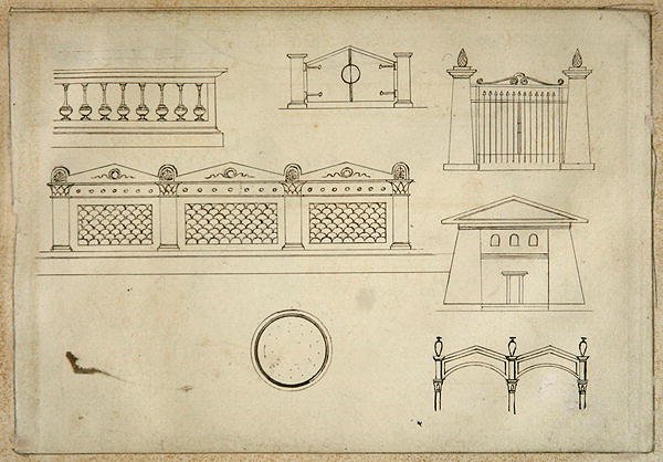 Desenhos para Portões, Paredes e Balaustrada, de Vinte e um desenhos de Caneta de Detalhes Decorativos em Estilo Antigo (grafite, caneta e tinta marrom sobre papel) de Thomas Hope