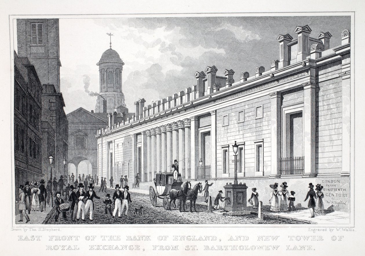Frente Leste do Banco da Inglaterra e Nova Torre da Bolsa Real de St. Bartholomew Bank, do pub "Londres e seus arredores no século XIX". Jones und Co., 1827-1829 de Thomas Hosmer Shepherd