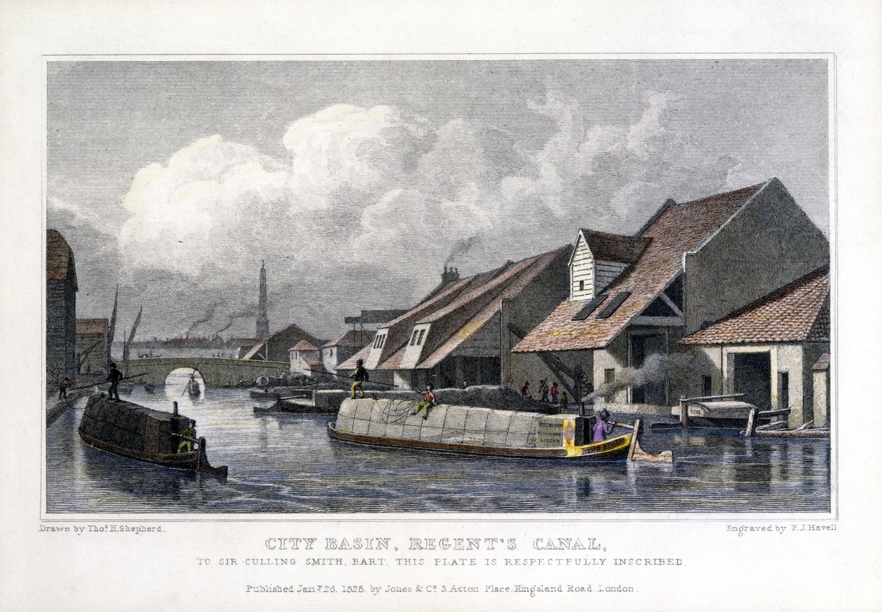 Bacia da cidade, Regents Canal, gravado por FJ Havell, 1827 de Thomas Hosmer after Shepherd