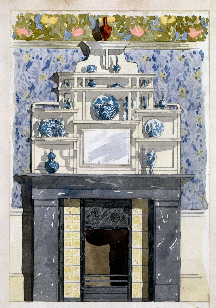 Lareira com espelho e prateleiras de exposição no estilo estético, c.1870s de Thomas Jeckyll