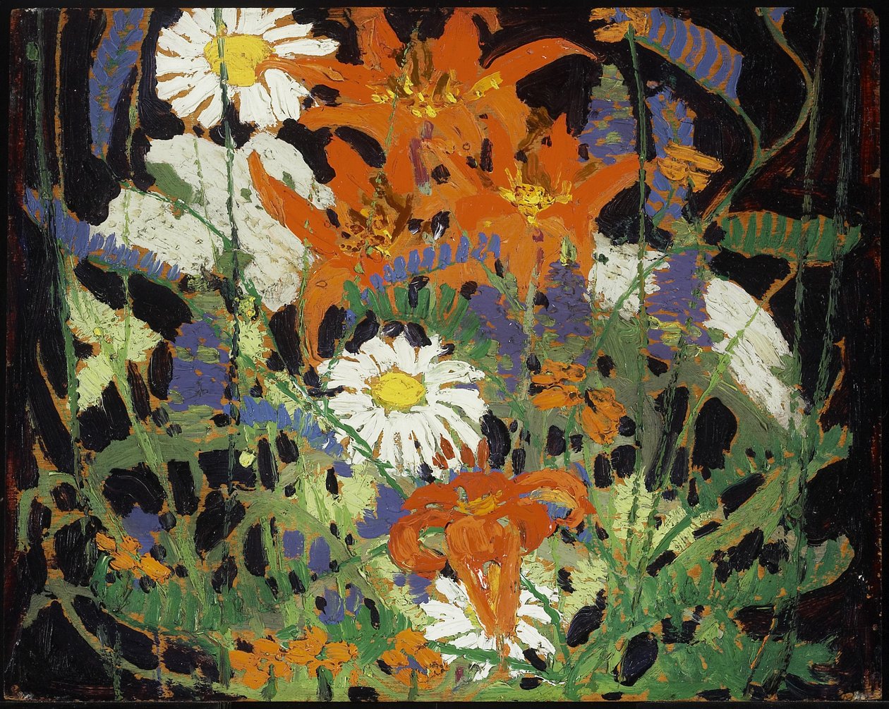 Marguerites, lírios de madeira e ervilhaca, c.1916 de Tom Thomson