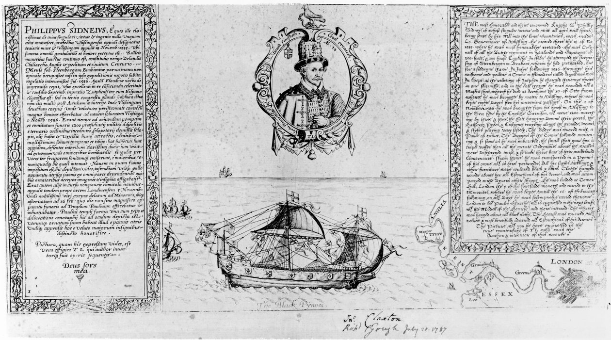 The Black Pinnace Trazendo o Corpo de Sir Philip Sidney De volta a Londres, pub. em 1588 de Thomas Lant