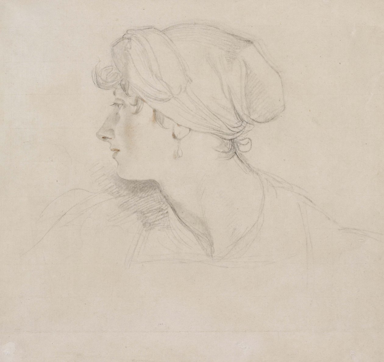 A Sra. Jens Wolff (giz preto, tocado com giz vermelho sobre papel branco fino, colocado no papel do Japão) de Thomas Lawrence