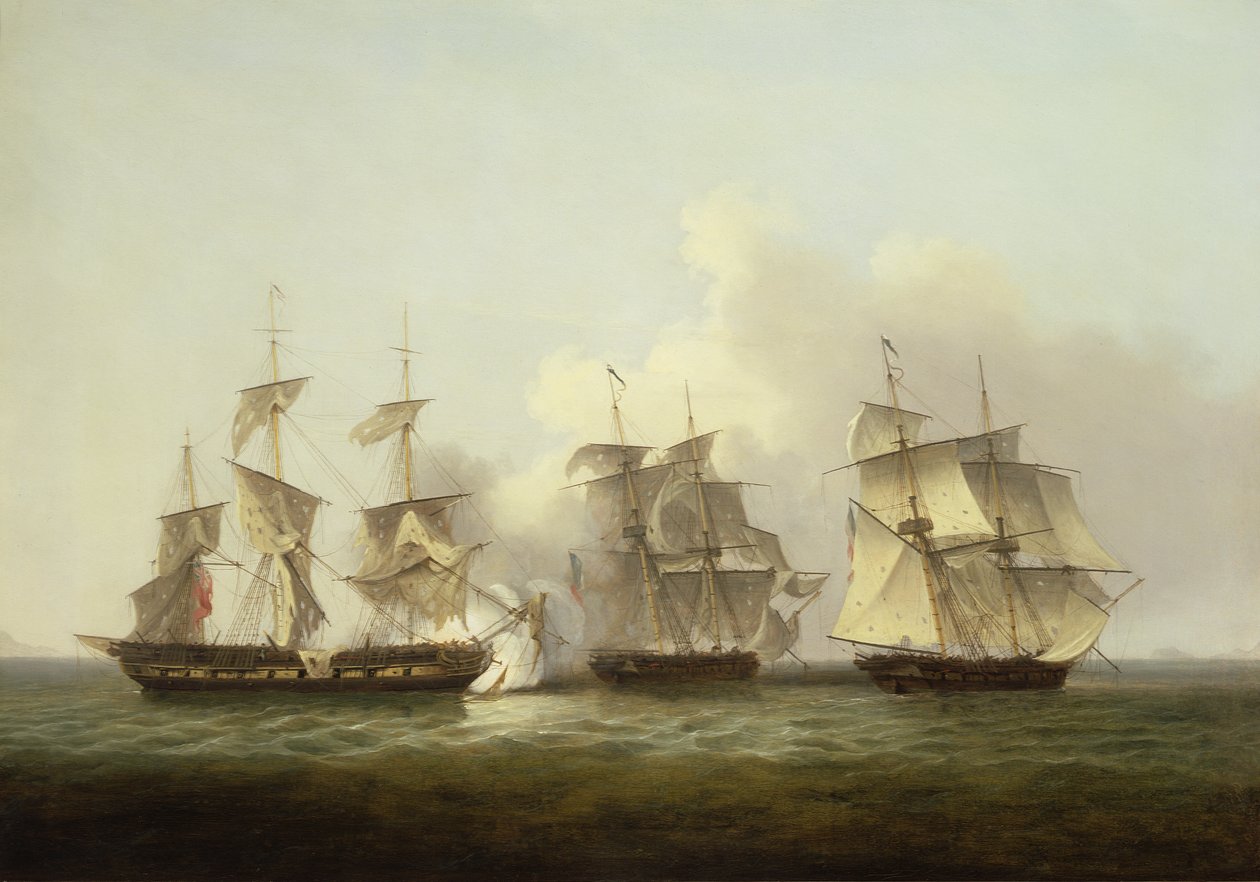 HMS Gore em ação com os franceses Brigs Palinure e Pilade (veja também 197355) de Thomas Luny