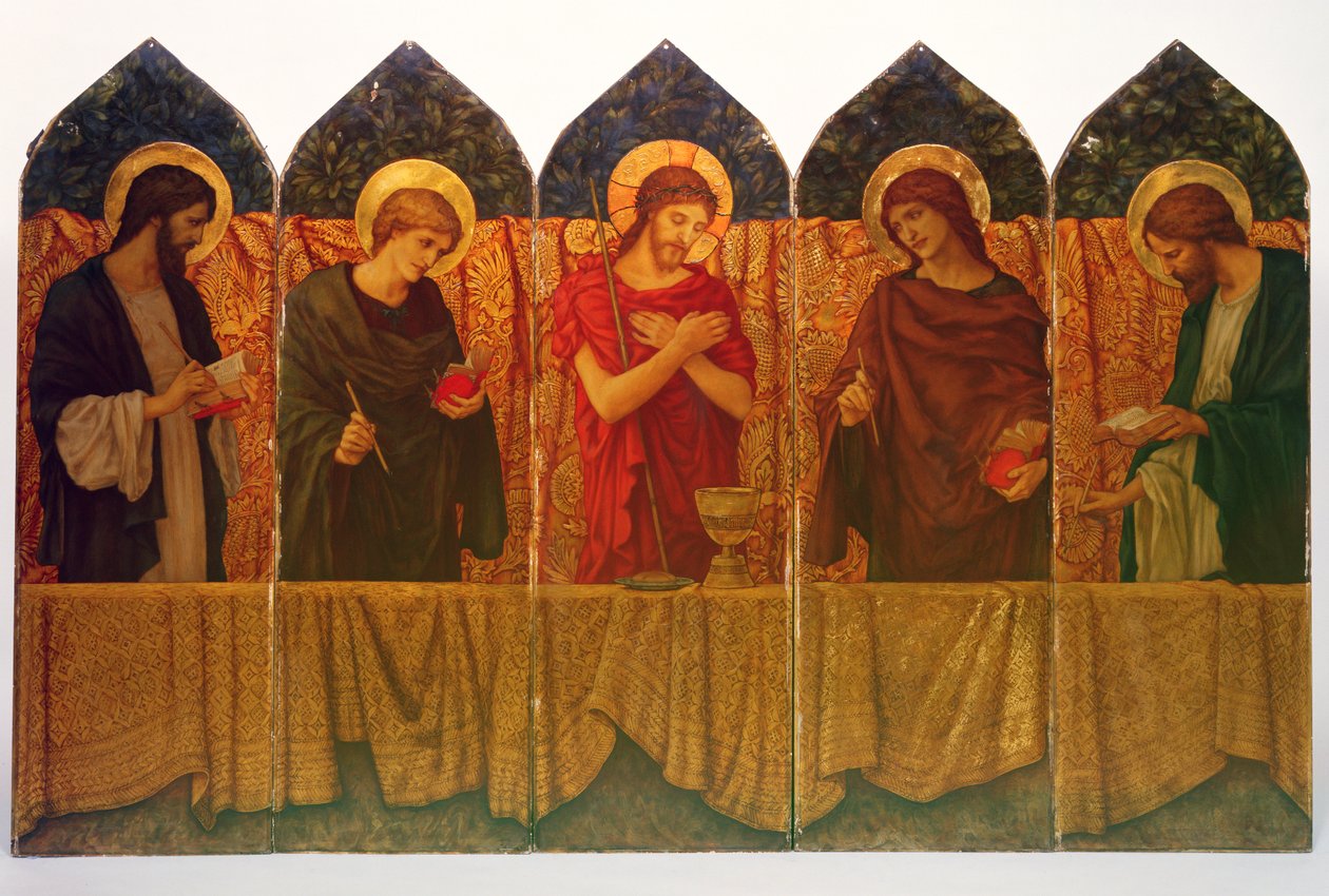 Cristo e quatro santos, painel de altar projetado por Burne-Jones de Thomas Matthews Rooke