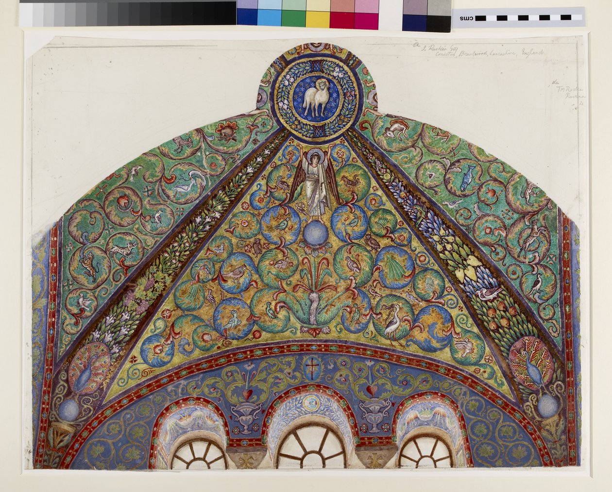 Desenho de mosaicos na capela da capela-mor de San Vitale, Ravenna, 1884 (aquarela, bodycolour e tinta dourada sobre grafite em papel de capa) de Thomas Matthews Rooke