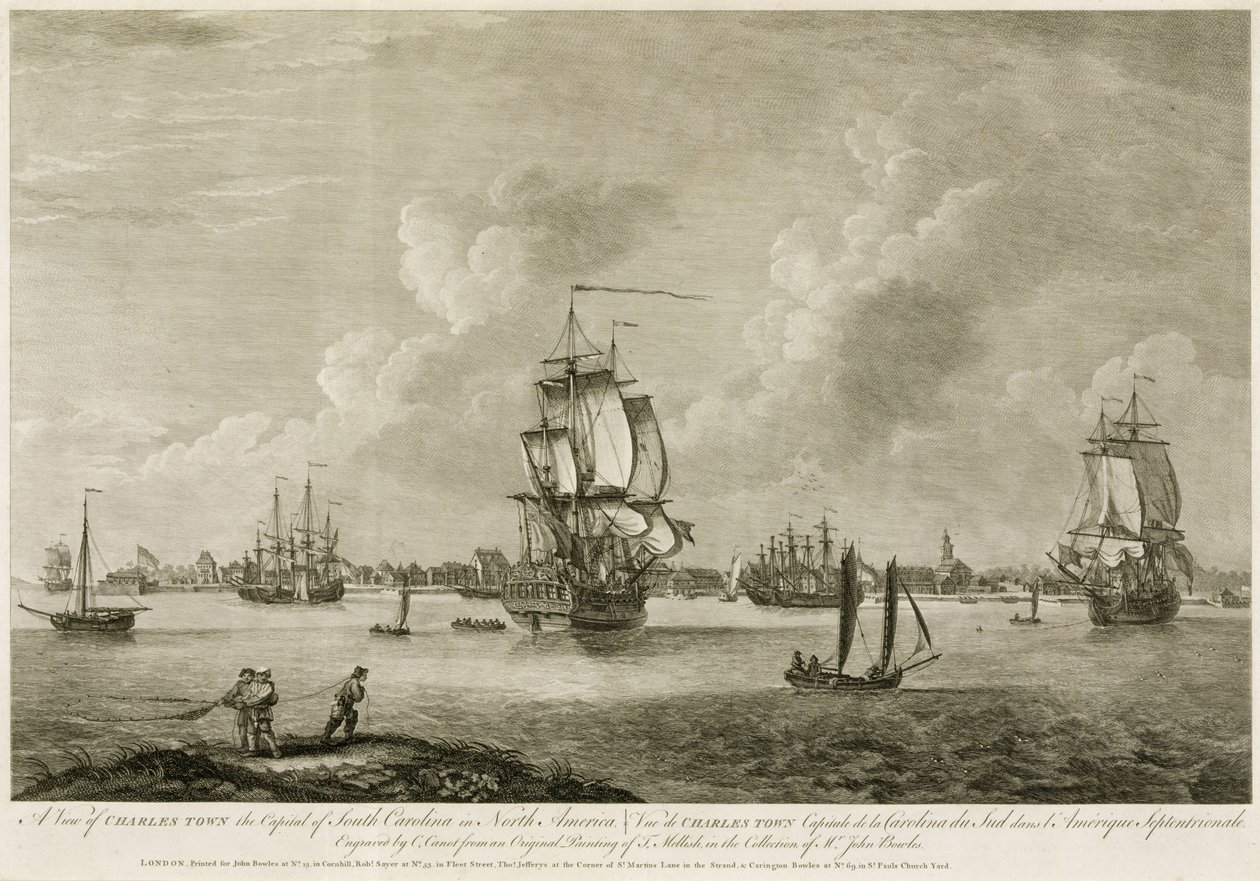 Uma vista da cidade de Charles, a capital da Carolina do Sul na América do Norte, de &39;Scenographia Americana&39;, gravada por Pierre Charles Canot (1710-1777), publicada em 1758-60 de Thomas Mellish