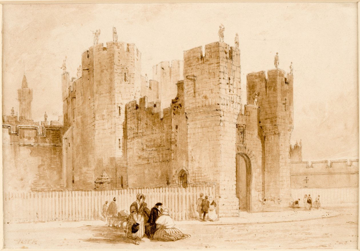 Castelo de Alnwick (tinta (sépia) e lápis no cartão) de Thomas Miles Richardson