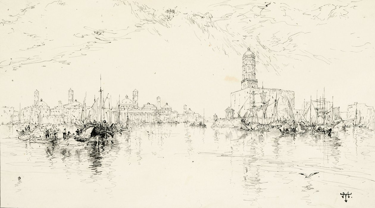 Verz Cruz, Porto do México, 1885 (caneta e tinta sobre placa de ilustração creme) de Thomas Moran