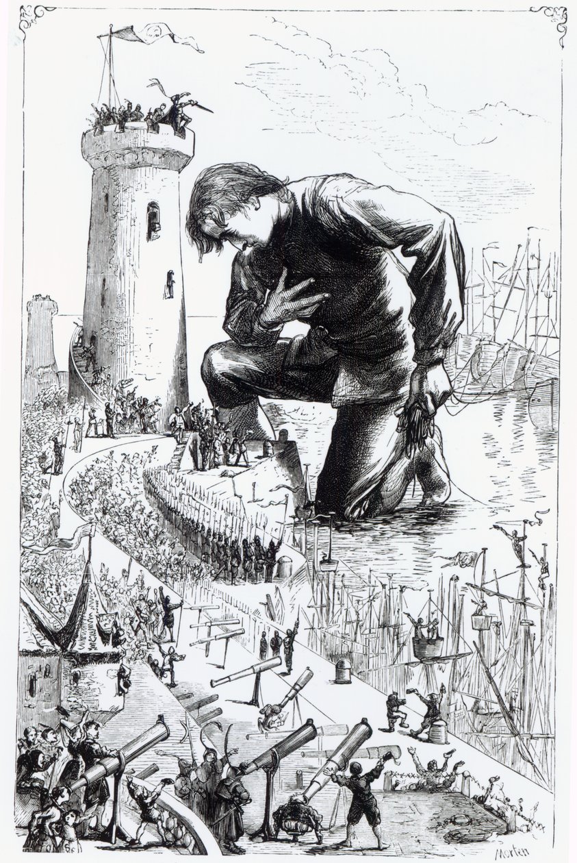 Gulliver se ajoelha diante dos liliputianos depois de roubar a frota de Blefuscudian, ilustração de &39;Gulliver&39;s Travels&39; de Jonathan Swift, 1864 de Thomas Morten
