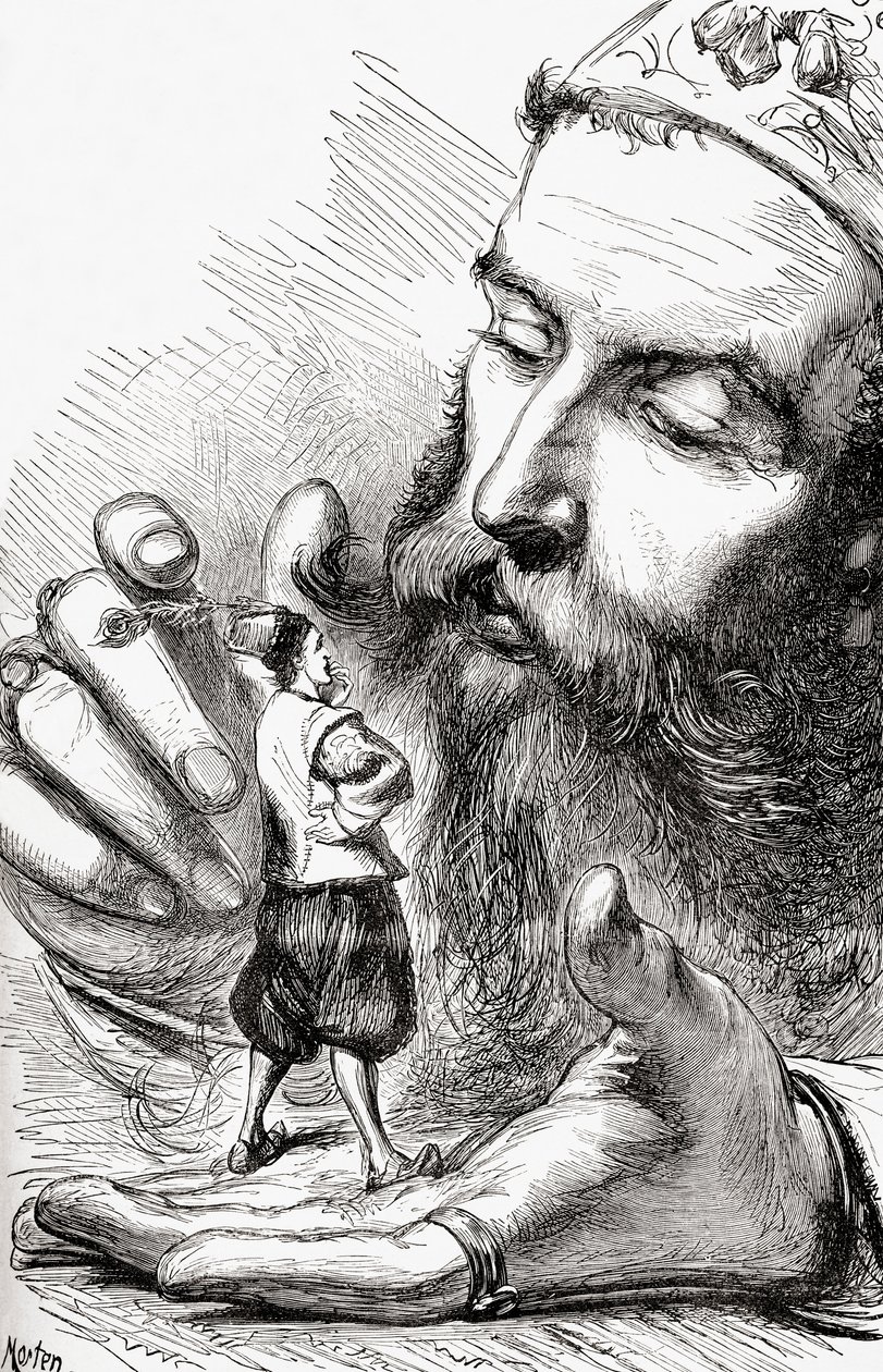 Meu amiguinho, Grildrig, você fez um panegírico admirável sobre seu país, ilustração de "As Viagens de Gulliver", publicada em 1875. de Thomas Morten