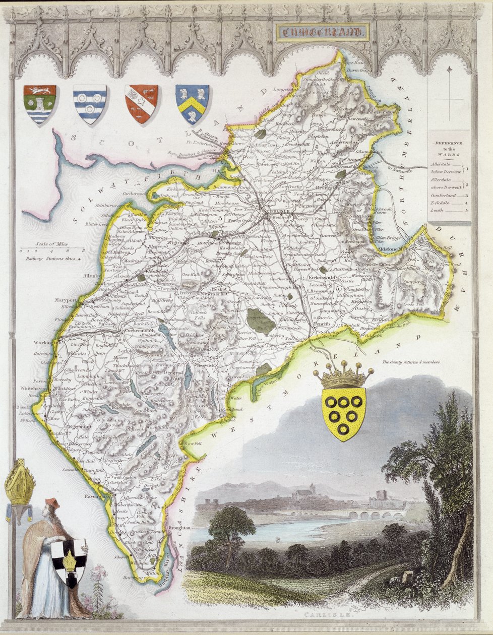 Mapa de Cumberland, dos "condados ingleses de Moule", c.1836 (gravura em chapa de aço colorida à mão) de Thomas Moule