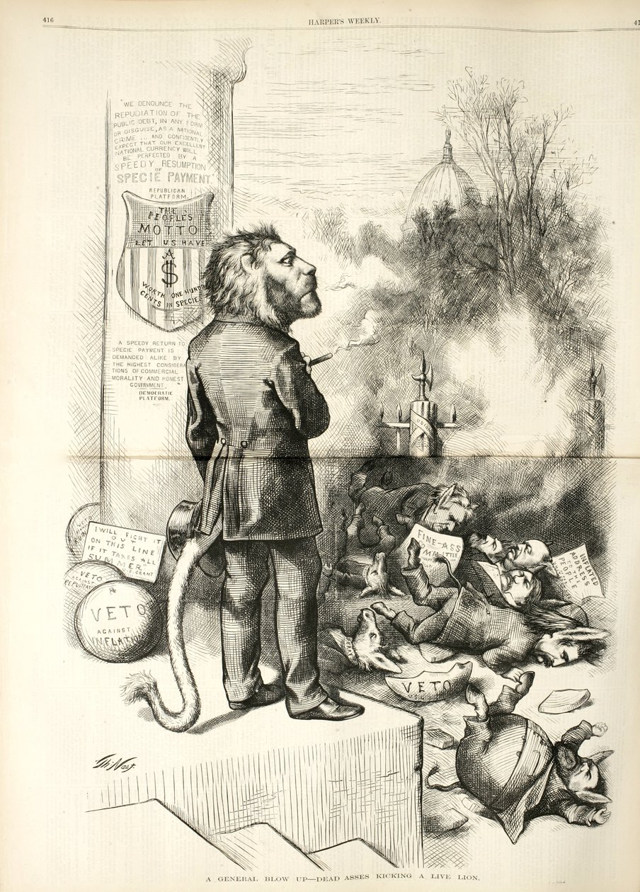 Uma explosão geral - Assassinos mortos chutando um leão vivo, 1874 (gravação em madeira) de Thomas Nast