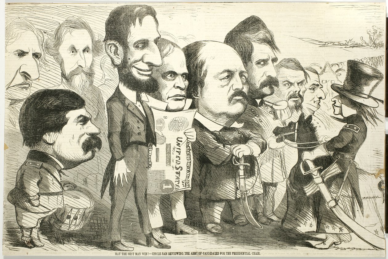 O melhor homem pode ganhar! Tio Sam Revendo o Exército dos Candidatos, 1864 (gravura em madeira) de Thomas Nast