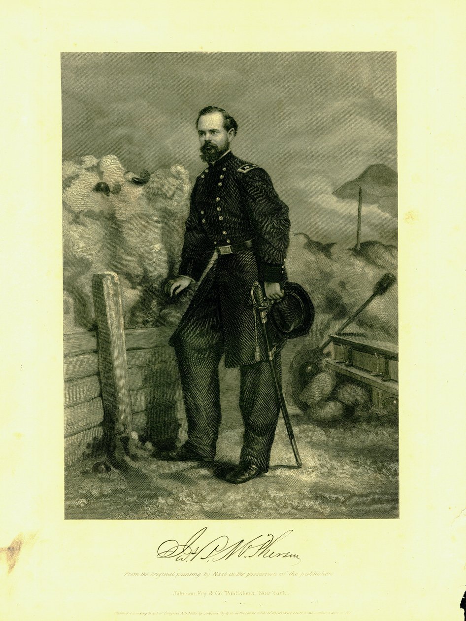Gravura de Gen. McPherson em uniforme com uma espada de Thomas Nast